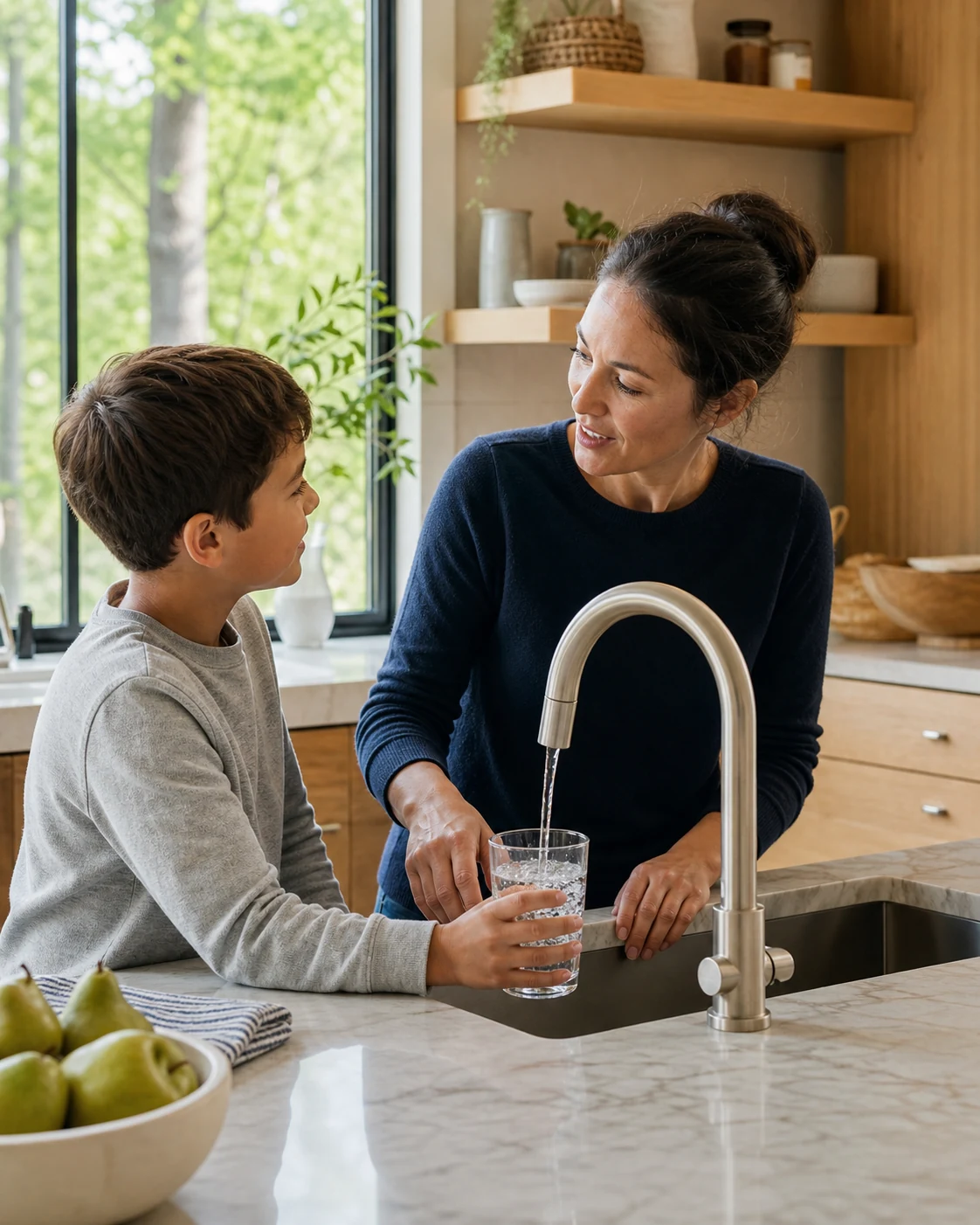 A parent and child filling a glass with tap water in a bright kitchen