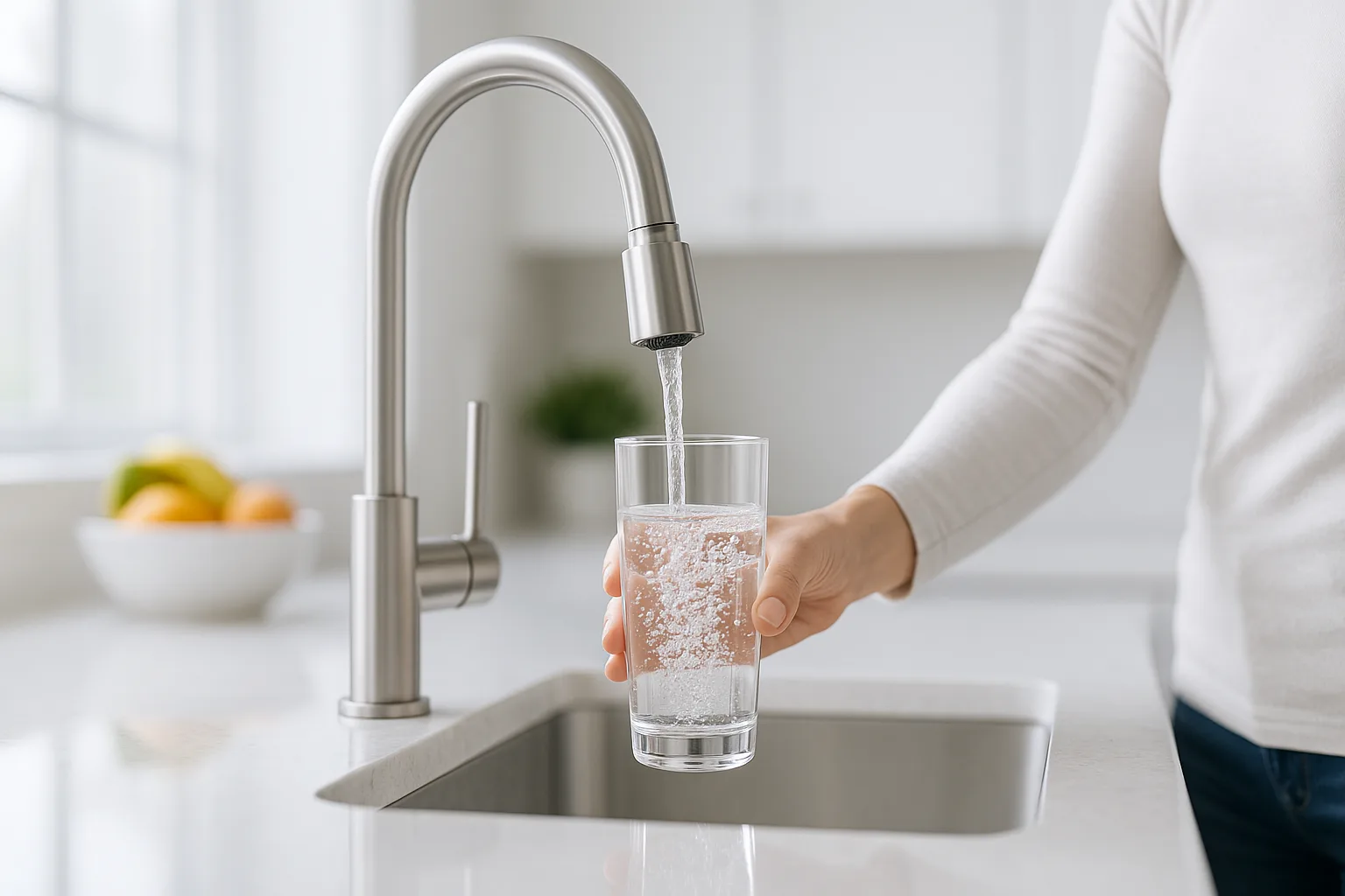 Clean water pouring into a glass beside a kitchen faucet